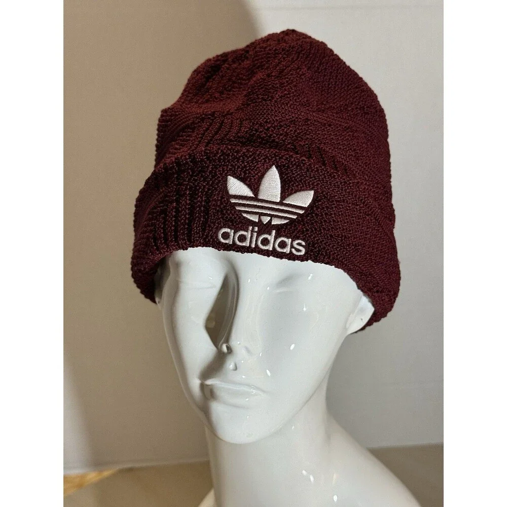 Adidas Burgundy Texture Knit Lined Embroidered White Logo Cuffed Beanie Hat Cap